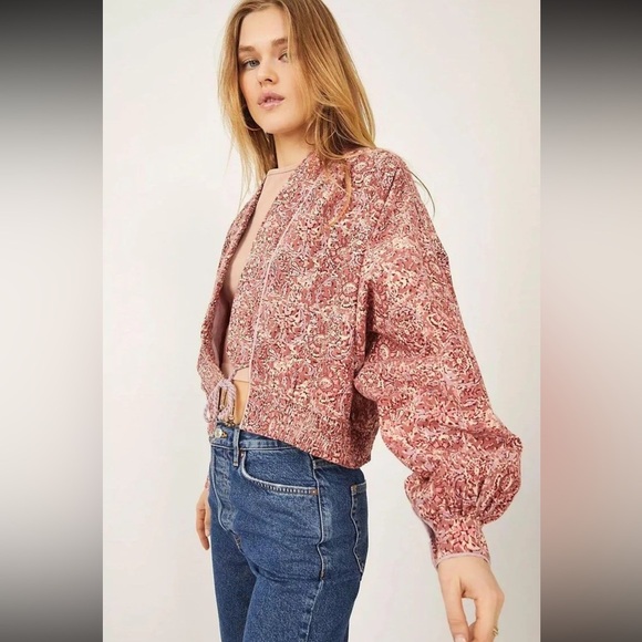 Free People Rosalina Tie‎ Front Jacket Barbie Core Cropped Paisley Mocha Convo M - Picture 9 of 16